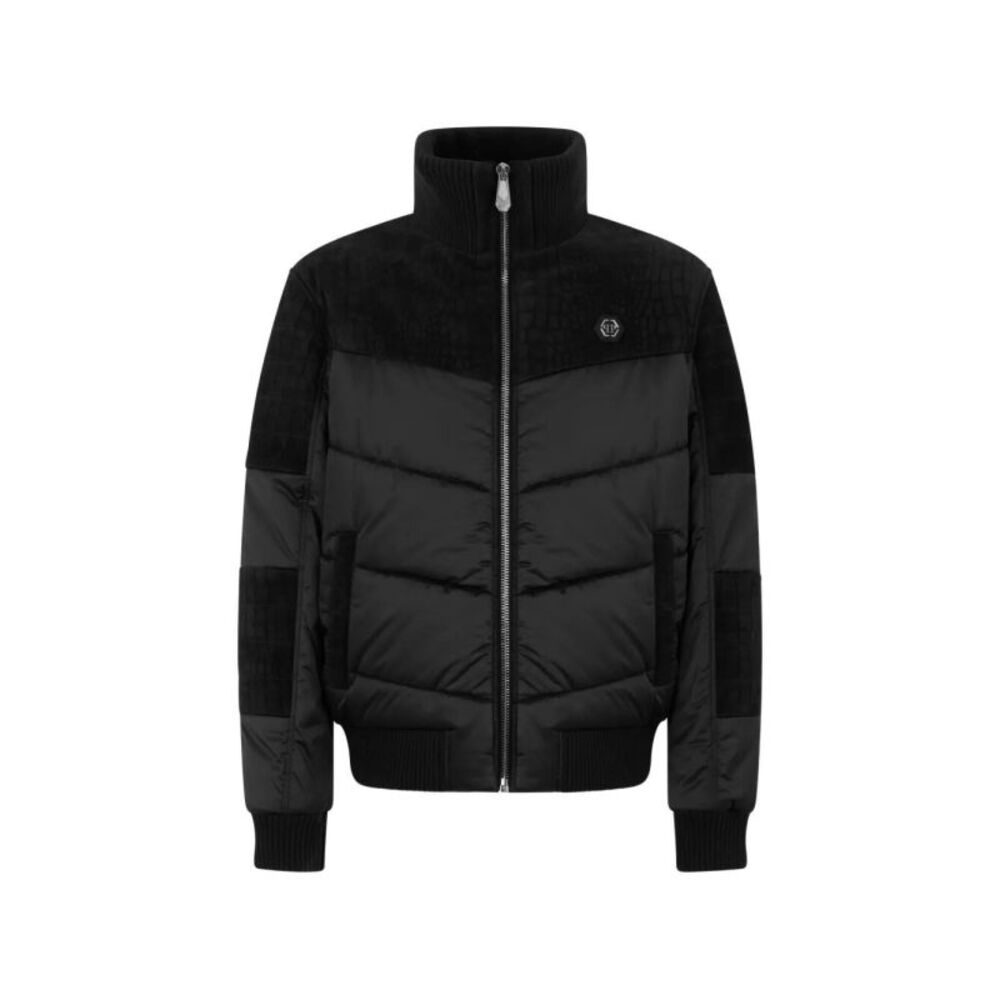 Philipp Plein Men Matte Nylon Puffer Jacket With Leather Inserts